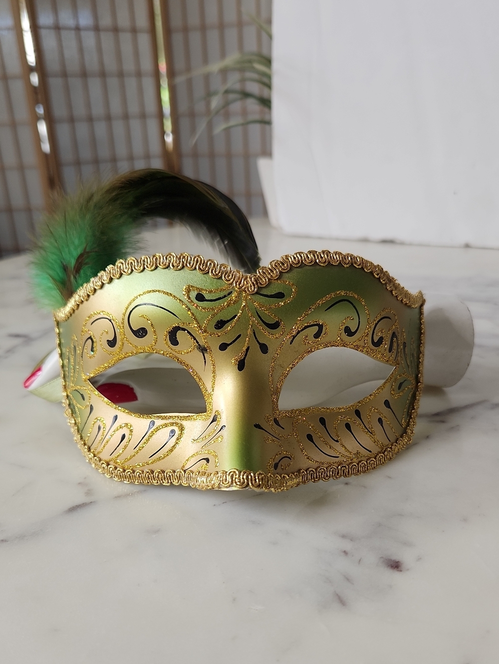 Vintage Green and Gold Feathered Venetian Masquerade Mask Italian🇮🇹